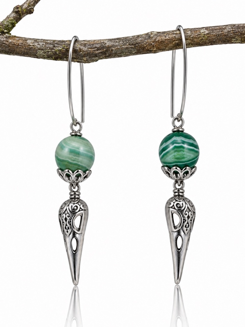 Silver Raven Skull Earrings • Green Agate Dangles • Gothic Boho